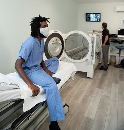 patient is prepare for HOBT at Charlottesville Hyperbarics